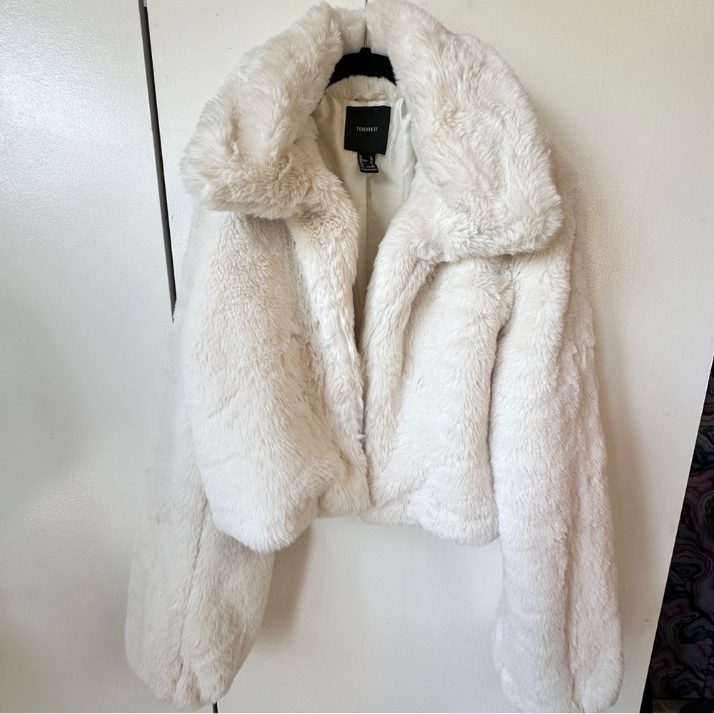 Forever 21 White Faux Fur Bomber Jacket